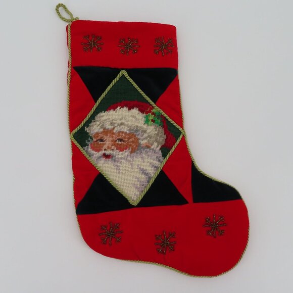 Santa Claus Needlepoint Red Green Velvet Beaded Snowflake Christmas Stocking - Picture 8 of 8